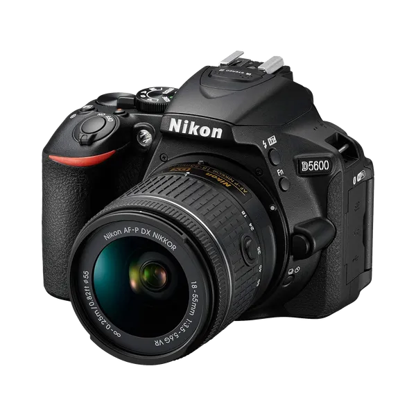 Close-up of a Nikon D5600 digital SLR camera, showing the top and front sections with focus on the lens and control dials.
